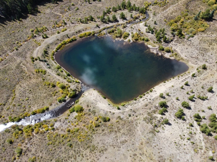 a blue lake surrounded by wooded areas in an area with no trees