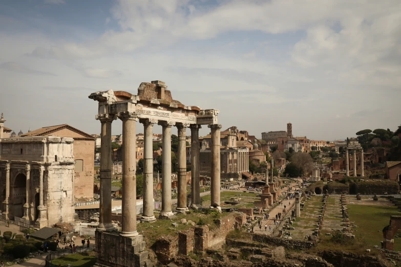 the ruins of ancient buildings, with columns and churches