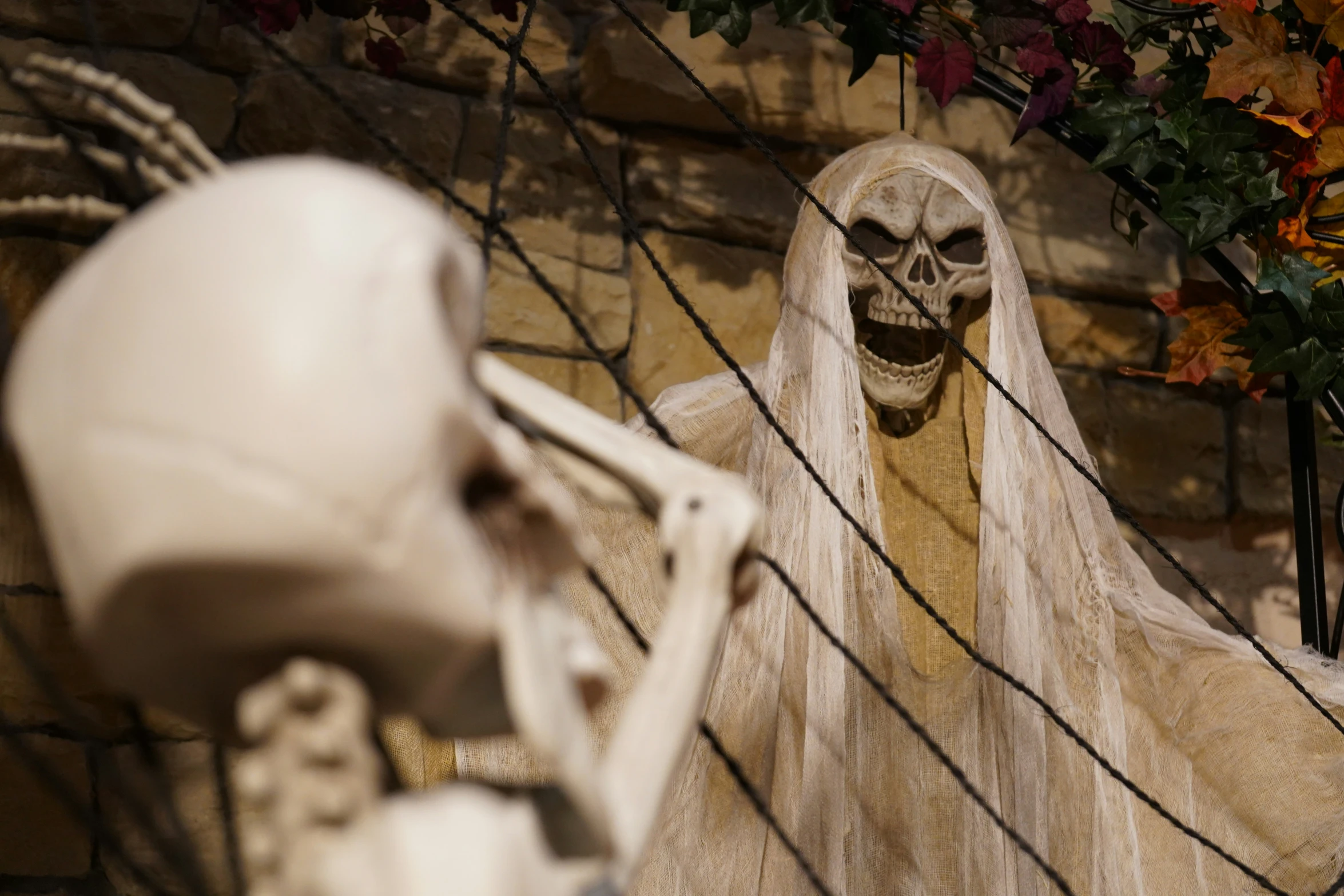 a creepy skeleton on a fence with flowers in the background