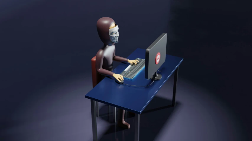 a robot sits at a computer desk with its head on a keyboard