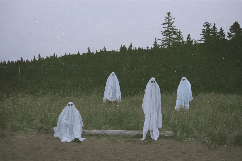 three ghost costumes in a field next to trees