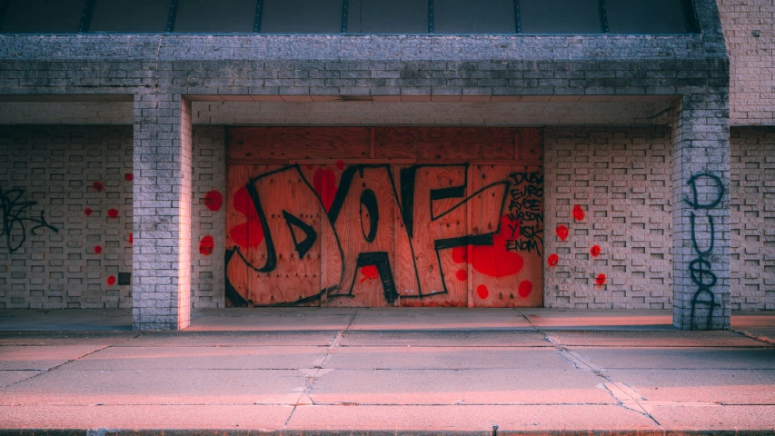 graffiti on the walls of a building with an open wooden door