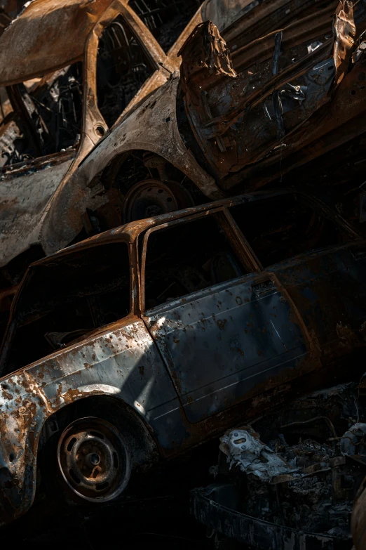 rusted cars and trees stand in the pile in a darkened area