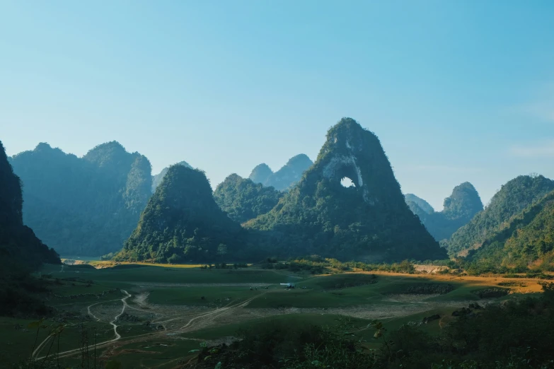 an image of a mountain scene with grass and bushes