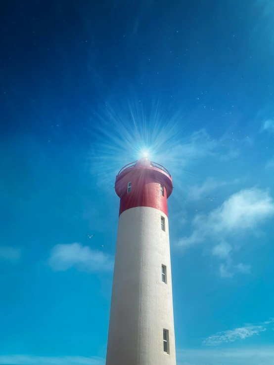 a small white and red lighthouse with the sun in the background