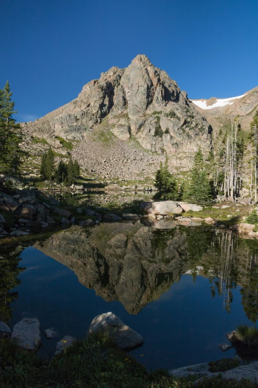 a mountain surrounded by trees and water