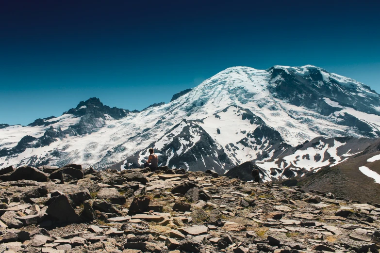 a large mountain covered in snow and rocky area