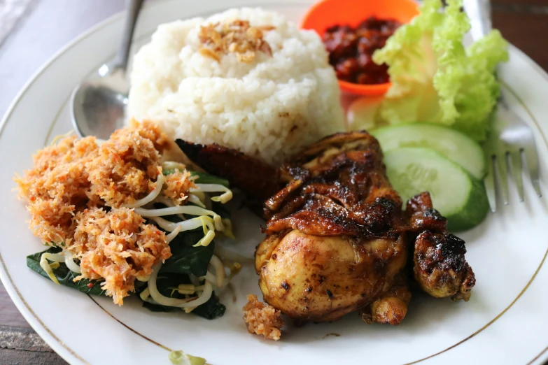 a plate filled with food and rice and salad