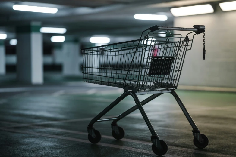 a small shopping cart sits in the garage