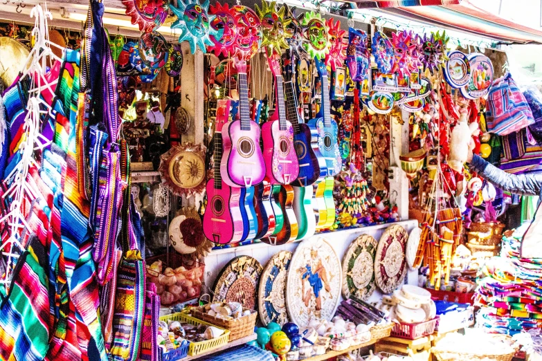 many colorful hanging objects and other things for sale