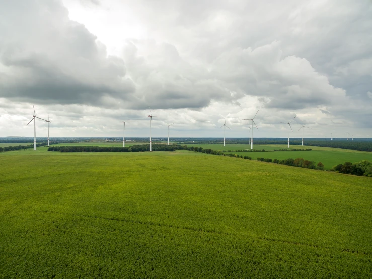 several wind turbines in a green field under cloudy skies