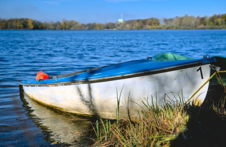 a boat on the side of a lake sitting in grass