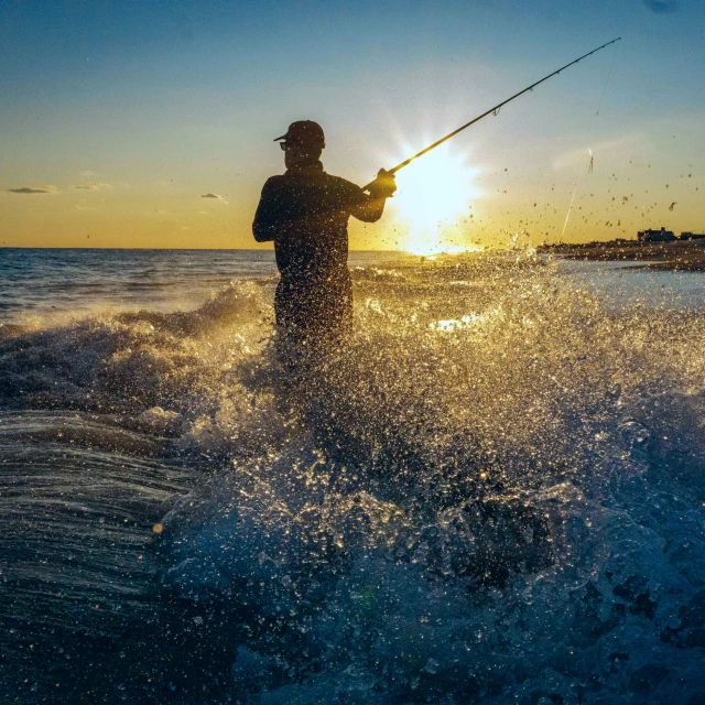 a man in water holding onto a fishing rod