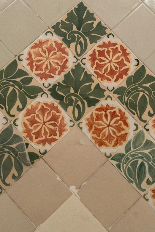 a floor with several colored flowers on it
