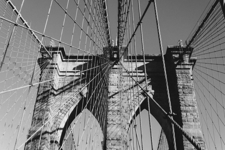 the brooklyn bridge, as seen from underneath