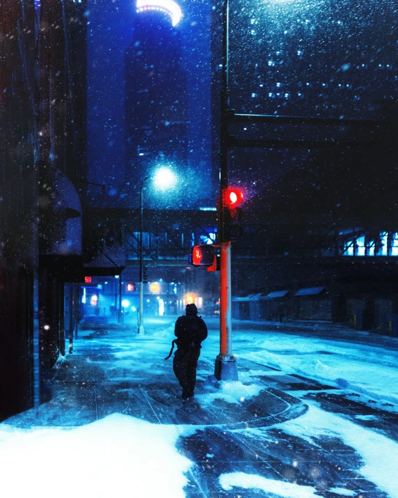 a person walking through a snowy intersection with streetlights