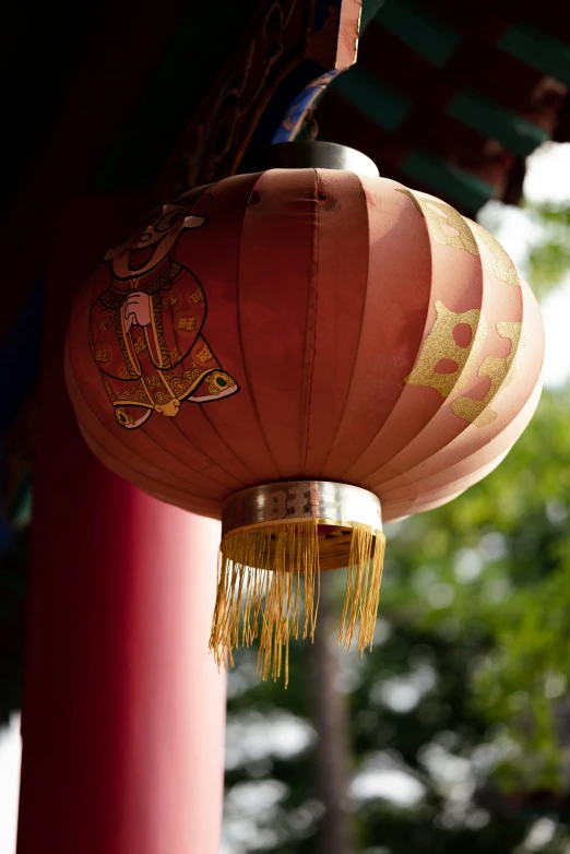 a chinese hanging lantern in front of trees