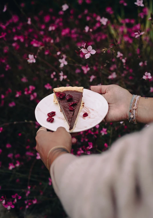 a person holding onto a piece of pie