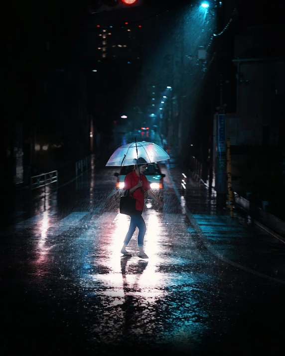 a person walking in the rain holding an umbrella