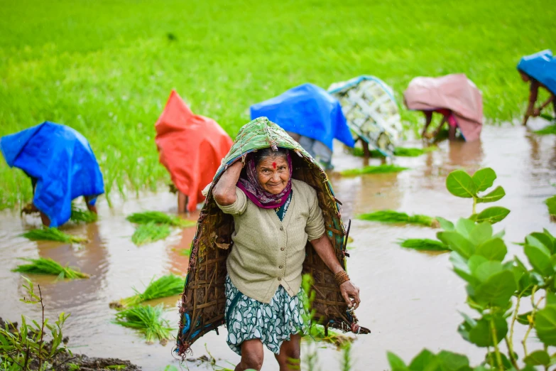 a woman is in the water carrying a bunch of colorful umbrellas