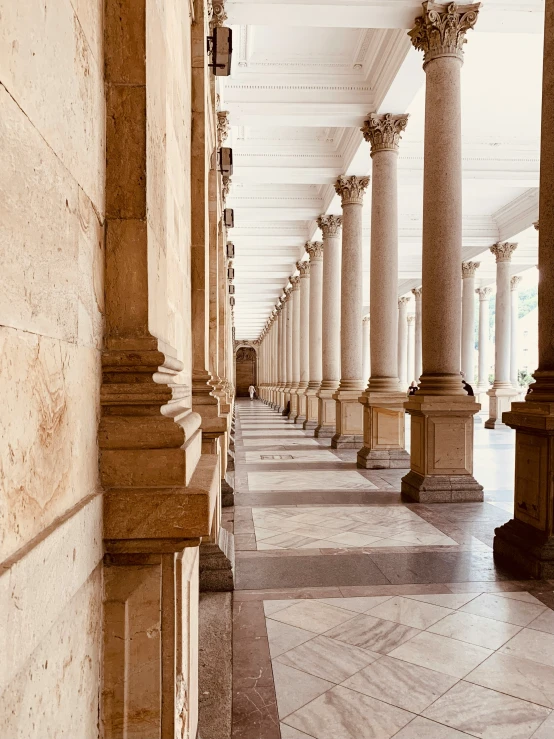 pillars in the center of a hallway with large marble and brick columns