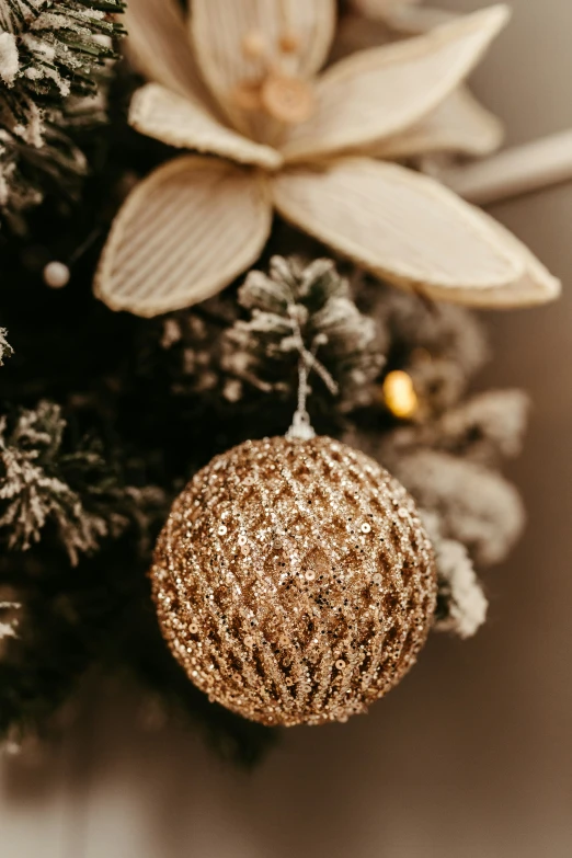 a christmas ball on top of a tree