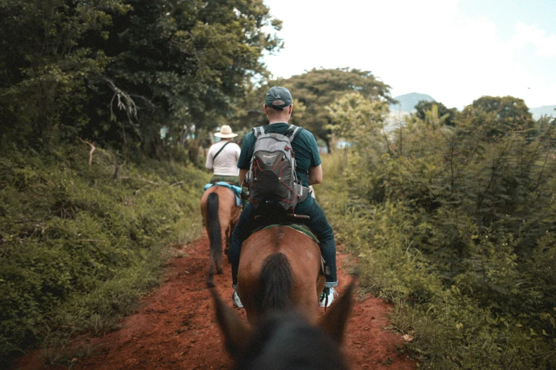 two people on horseback riding on a trail