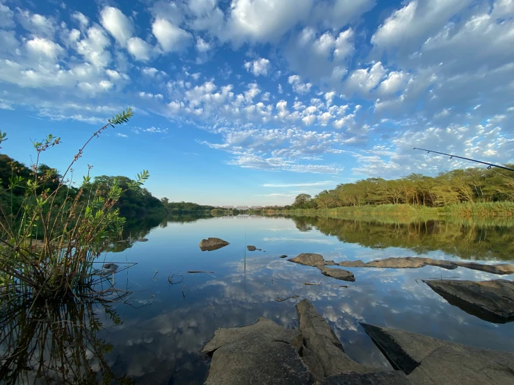 the sky is partly reflected in the calm water