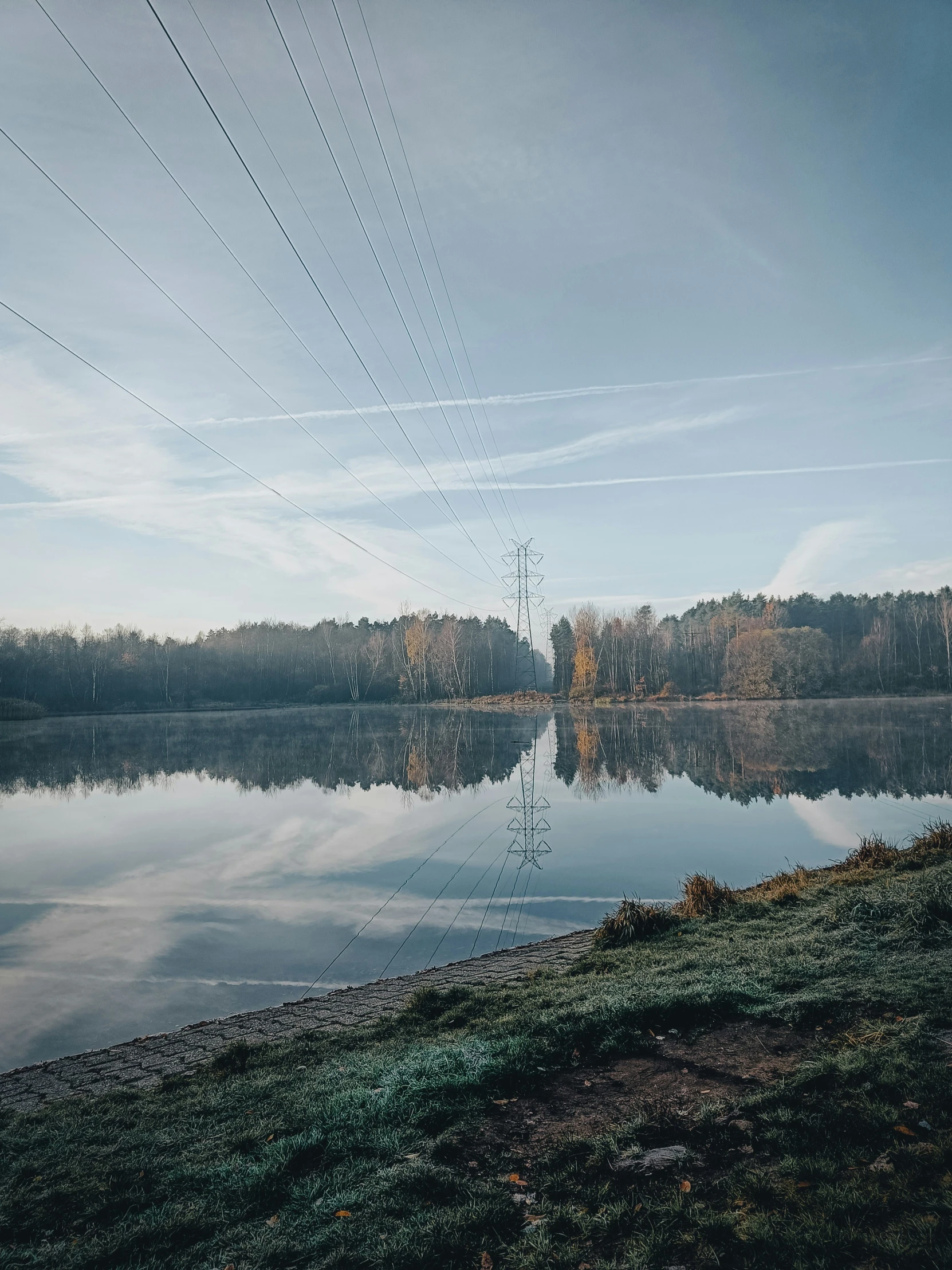 a lake next to power lines surrounded by trees