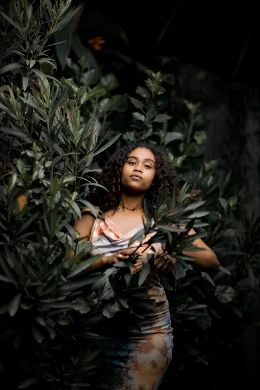 a woman stands in the nches of an olive tree