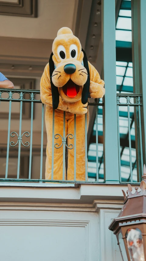 person in a yellow dog costume on a balcony