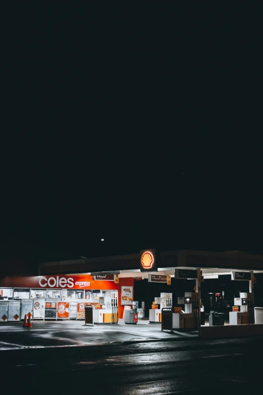 a dark night view of a gas station