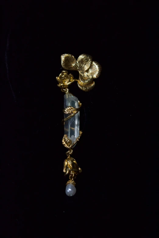 a golden - toned brooch and pendant are arranged together