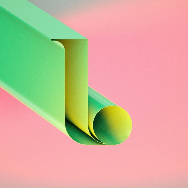 two yellow and green shapes against a pink background