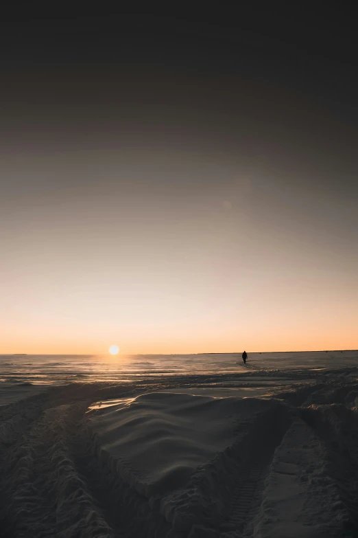 silhouette of snowboarder at sunset on a beach