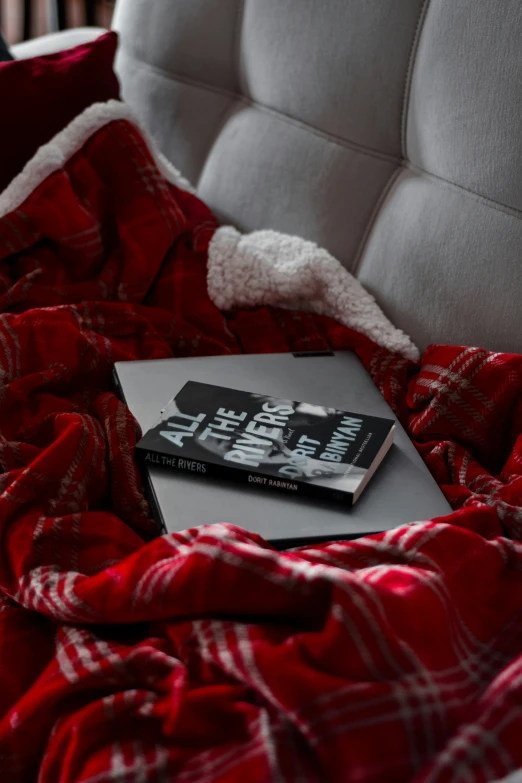 two books resting on a blanket with red sheets