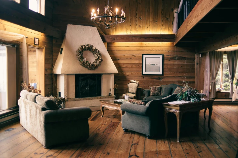 a living room filled with furniture and a fire place