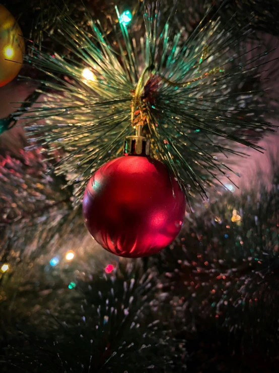 a red ornament hanging on the top of a christmas tree