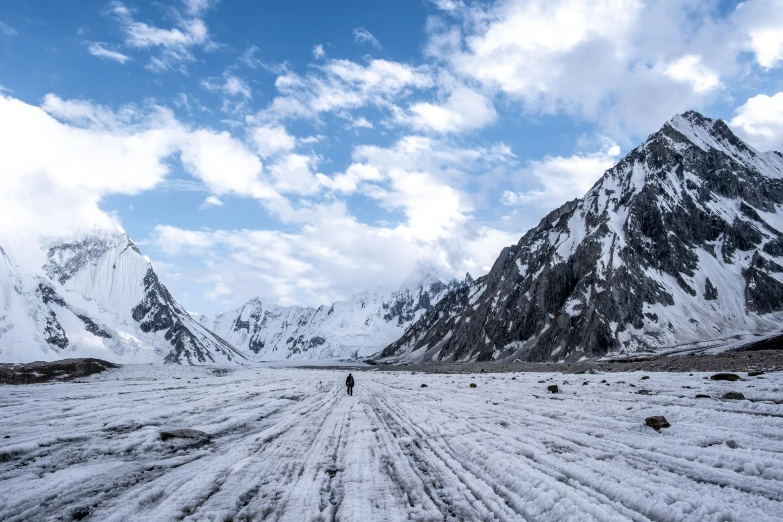 a person standing on the road surrounded by snowy mountains