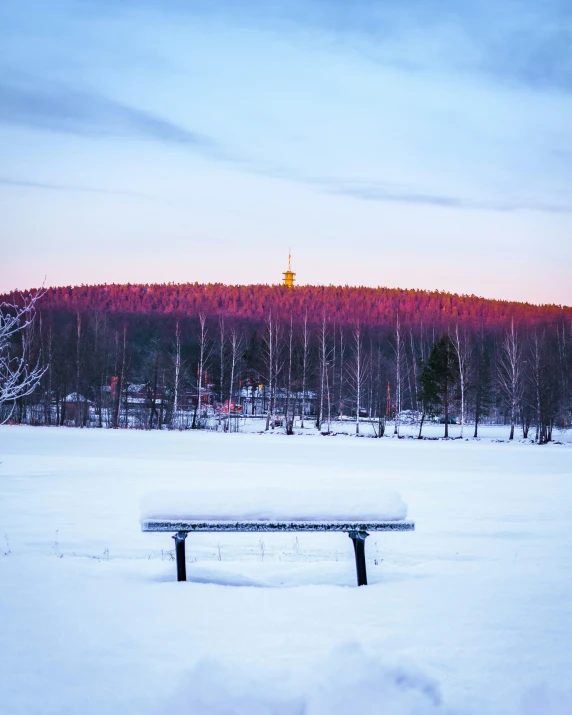 a snowy landscape with a bench at the edge