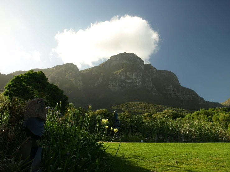 a couple of people walking in front of some mountain