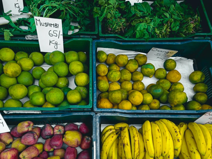 the crates are filled with many different types of fruits