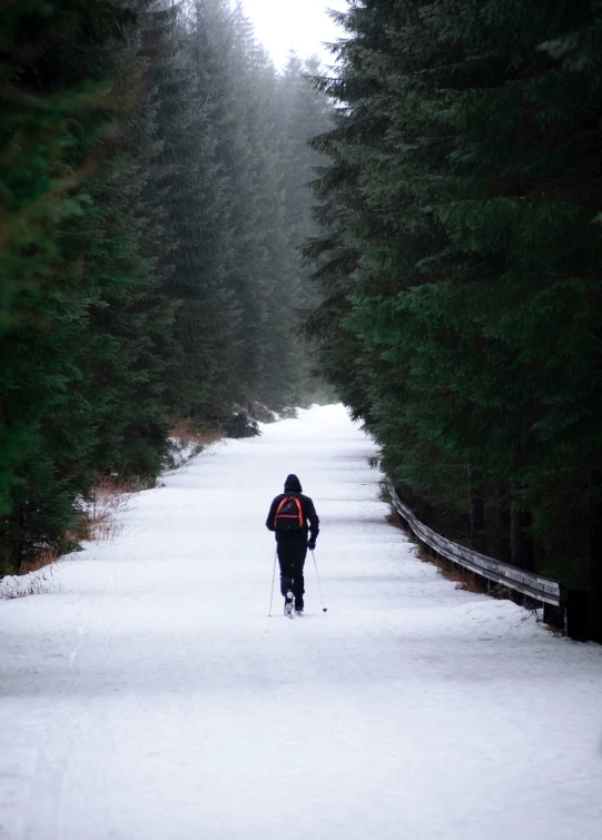 a person riding skis down a snow covered road