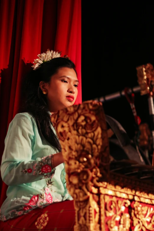 a woman in oriental attire holding a musical instrument