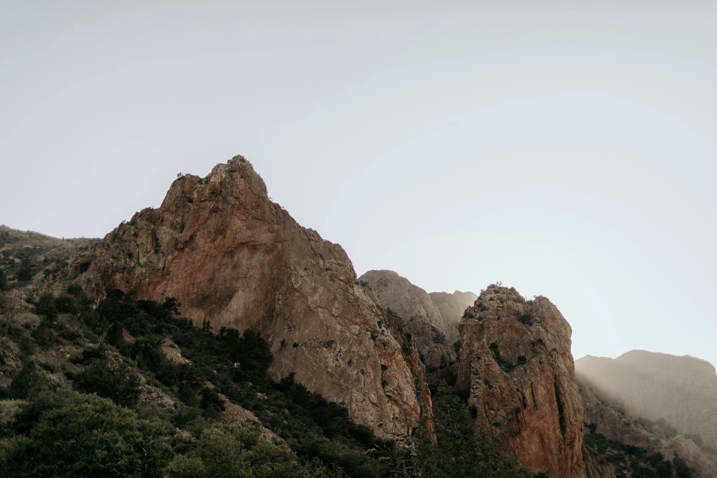 a mountain range with sp patches of trees and brown rocks