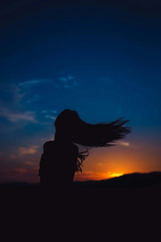 silhouette of a woman standing in a field at sunset
