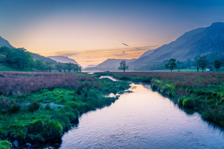 a small stream running through a field near mountains