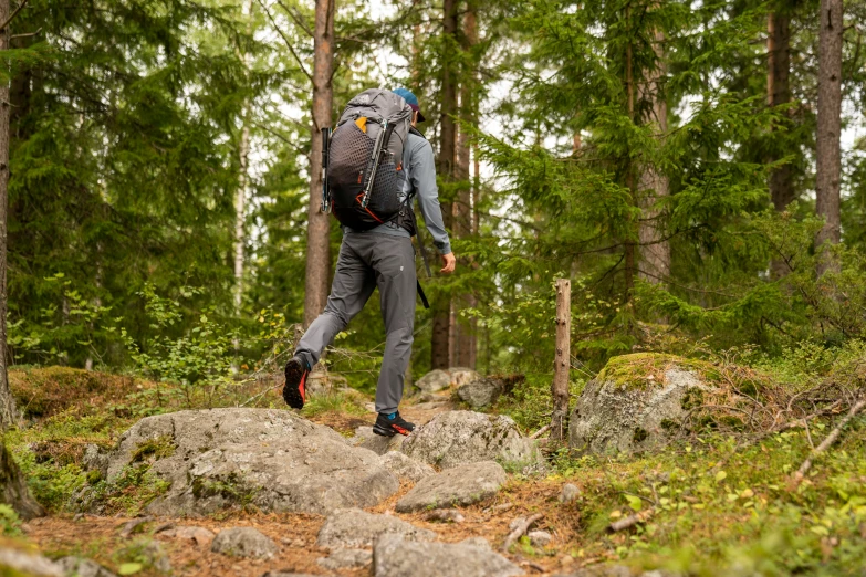 the man is walking through the woods in his backpack