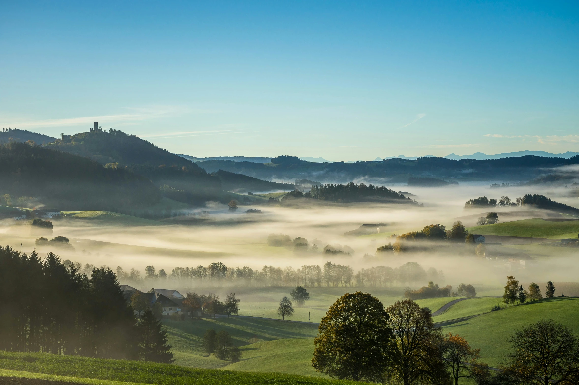 the green hills and trees have some fog in the air