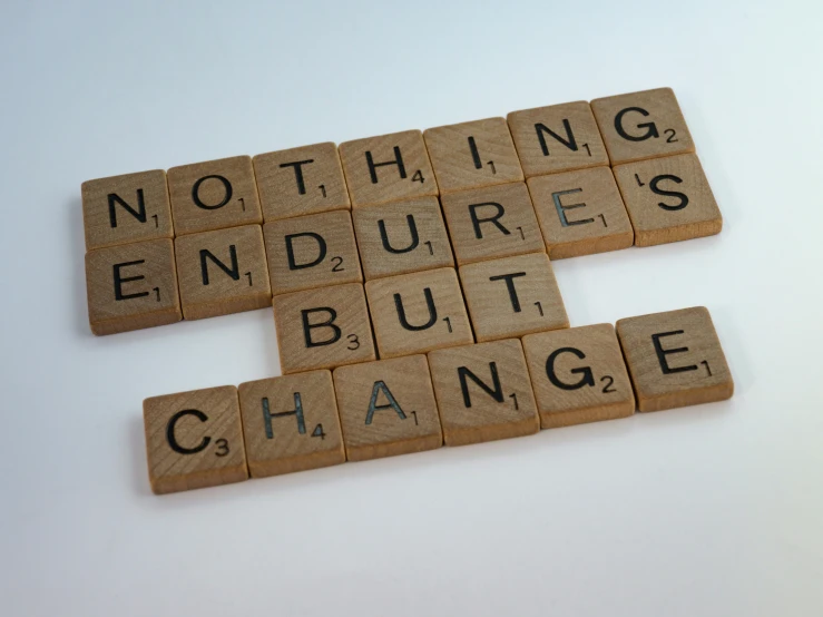 a scrabble type piece of wood tiles spelling nothing, ending endrungs but change